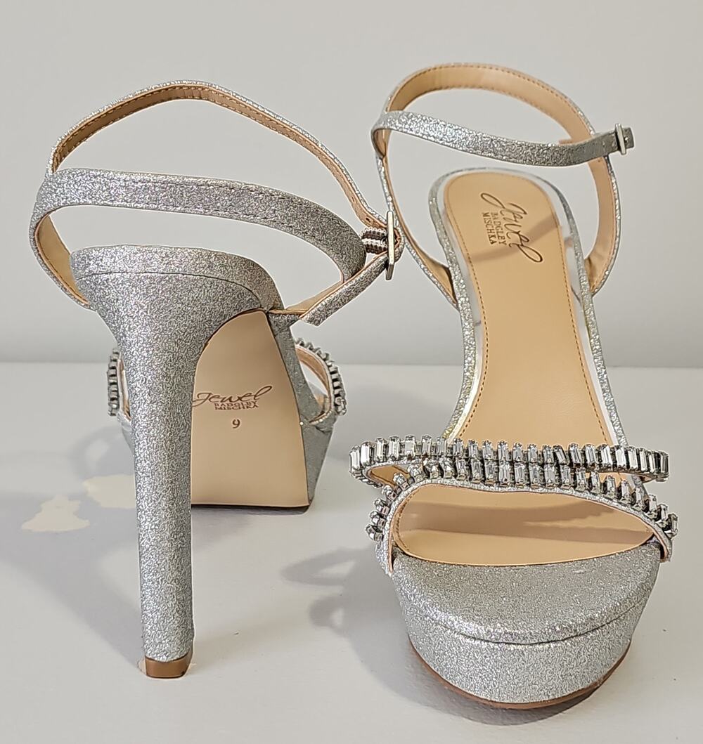 Jewel Badgley Mischka Gallant Platform Sandal Womens 9 Silver Heels Rhinestones